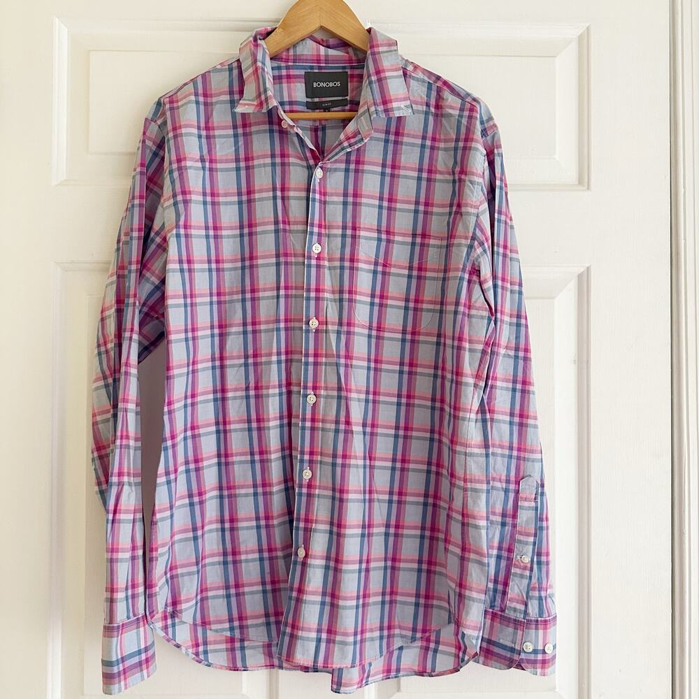 Bonobos Slim Fit Button Up Shirt Long Sleeve Plaid Pink Purple Cotton Mens Large